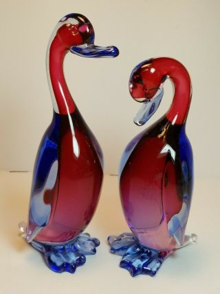 (2) Vintage Archimedes Seguso Murano Art Glass Sommerso Ducks Blue Cranberry Fig
