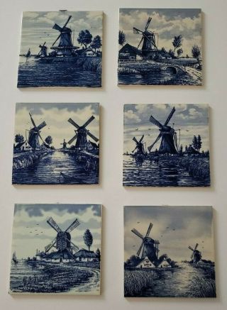 6 Vintage 6 " Delft Blue Dutch Ceramic Tiles With Windmill Scenes