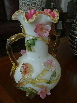 Large Antique Stevens & Williams Art Glass Cased Vase Applied Flowers Handles