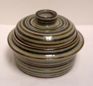 Pottery Casserole Serving Dish With Lid Blue Brown Stripes Ceramic Signed