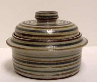 Pottery Casserole Serving Dish with Lid Blue Brown Stripes Ceramic Signed 2