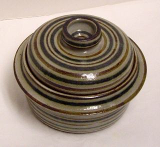Pottery Casserole Serving Dish with Lid Blue Brown Stripes Ceramic Signed 3