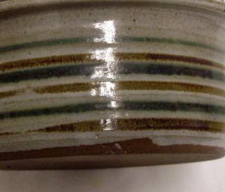 Pottery Casserole Serving Dish with Lid Blue Brown Stripes Ceramic Signed 7