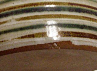 Pottery Casserole Serving Dish with Lid Blue Brown Stripes Ceramic Signed 8