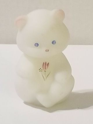 Adorable Fenton Hand Painted White Satin Mlik Glass Bear
