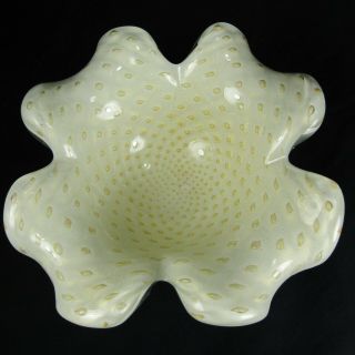 Murano Bullicante Aventurine Gold White Cased Glass Dish Bowl Ashtray Vtg Specks