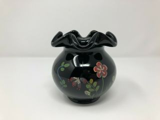 Fenton Hand Painted Wild Flowers On Black Glass Vase Signed