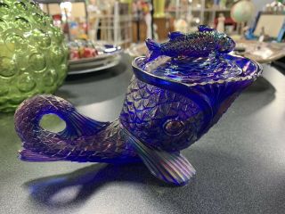 Vintage Cobalt Blue Glass " Sawtooth Dolphin " Dish Figurine,  St.  Clair Joe Fish