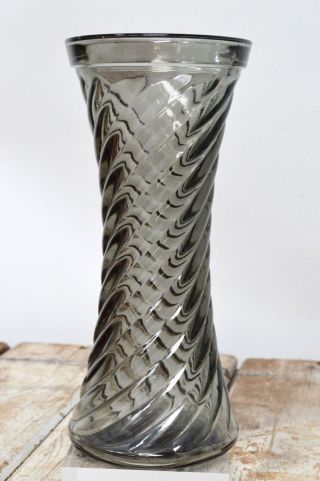 Vintage Smokey Art Glass Grey Twisted Swirls Signed Vase 25.  5cm