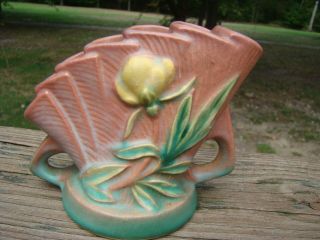 Vintage Roseville Pottery 47 Dusty Pink & Yellow & Green Peony Flower Frog.