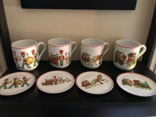 Set Of (8) 1987 Tea Cups Plates Vista Alegre Christmas Magic Fine Porcelain