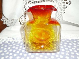 Vintage Blenko Glass Water Bottle Carafe Amberina Yellow Orange Double Spout 8”