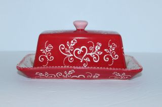 Temp - Tations By Tara Floral Lace Red Romance Hearts Covered Butter Dish