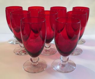 9 Vintage Ruby Red Wine Glasses Water Goblets With Clear Glass Ball Stem Holiday