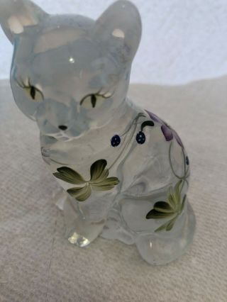Fenton Glass Cat Clear Opalescent Made For Lenox Hand Painted Flowers Signed