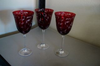 Set Of 3 Lenox " Lc30 Red " Holly And Berries Water Goblets Red Bowl Clear Stem