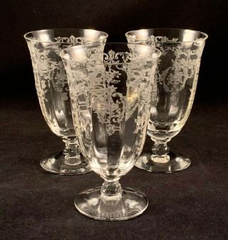 Set Of 3 Fostoria " Navarre " 10 Oz.  Etched Optic Crystal Footed Tumblers