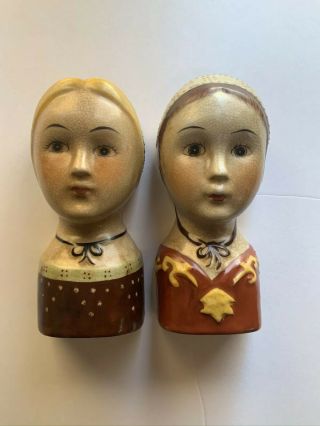 Vintage Pair Porcelain Russian Woman Face Head Vase Wall Pocket Or Stand Alone