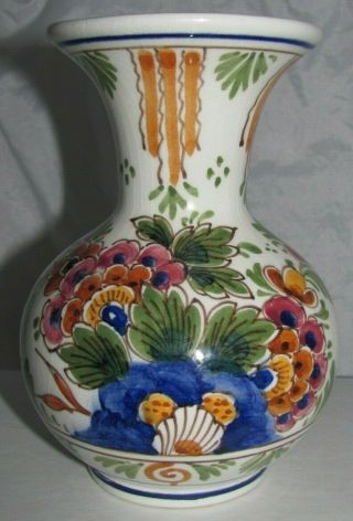 Vintage Delft Holland 6 " Vase Hand Painted Flowers Blue Yellow Orange Pink Green