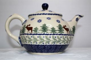 Boleslawiec Polish Pottery Christmas Moose Reindeer Pine Trees Teapot Tea Pot