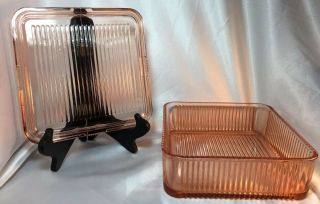 Art Deco Depression Glass Anchor Hocking Large Refrigerator Dish w/lid Pink 2