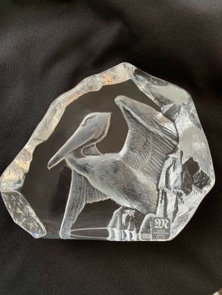 Signed Mats Jonasson Sweden Pelican Clear Glass Paperweight