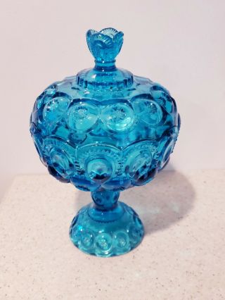 L E Smith Glass Moon And Stars Colonial Blue 10 In.  Compote & Lid