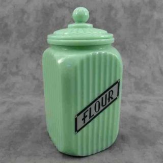 Jadeite Green Glass Tall Sq Flour Canister Jar Ribbed Arch Panel Grey Label