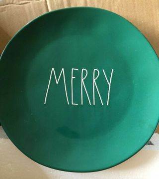 Set Of 4 Rae Dunn By Magenta Holiday Green 11in “merry” Dinner Plates Dishes