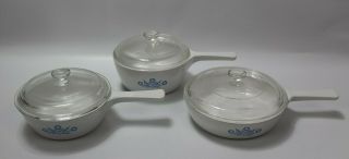 Set Of 3 Vintage Corning Ware Blue Cornflower Saucepan Dishes W/ Handles & Lids