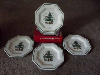 (4) Salad Plates,  Nikko Christmastime Christmas Time Tree Presents Octagonal Box