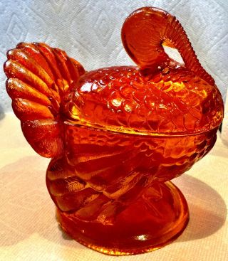 L.  E.  Smith Amber Glass Covered Candy Dish / Soup Bowl Turkey Dish With Lid