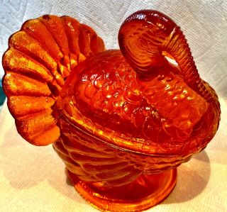 L.  E.  Smith Amber Glass Covered Candy Dish / Soup Bowl Turkey Dish with Lid 3