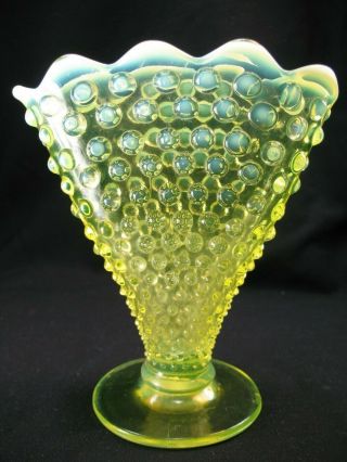 Vintage Fenton Yellow Opalescent Vaseline Glass Fan Shaped Hobnail Vase 1960 