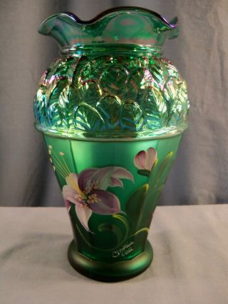 Fenton Green Carnival Glass Designer Showcase Series Painted Vase Purple Lilies