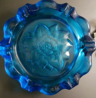 Rare Vintage 70s Art Glass Blenko Blue Flower Ashtray Mid Century Modern