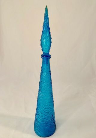 Vintage 23 " Tall Empoli Glass Genie Decanter Bottle.  Turquoise W/ Stopper