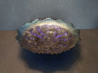Fenton 2 Flowers Cobalt Blue Iridescent Carnival Footed Glass Bowl
