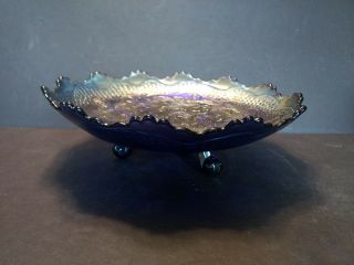 Fenton 2 Flowers Cobalt Blue Iridescent Carnival Footed Glass Bowl 3