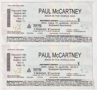 Paul Mccartney,  2003,  Back In The World Tour,  Two Rare Tickets Budapest Concert