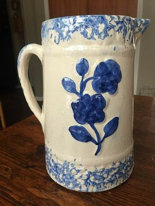 Antique / Vintage Blue White Spongeware Stoneware Wild Rose Pitcher - Farmhouse