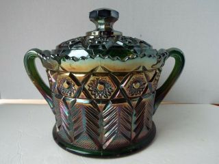 Antique/vintage Green Carnival Glass Inverted Feather Jar With Lid