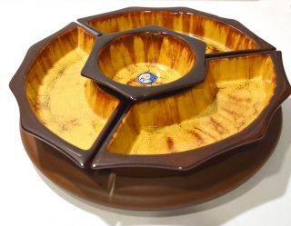 Blue Mountain Pottery Sectional Serving Dish And Lazy Susan - Gold Brown Mcm