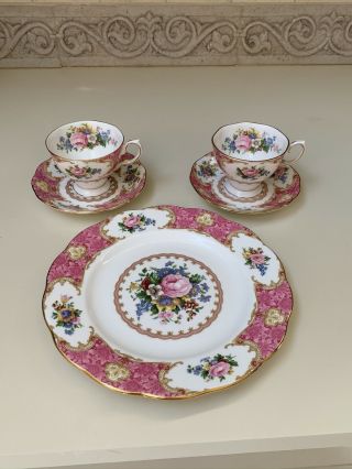 Royal Albert Lady Carlyle Porcelain 8” Plate And Two Teacups And Saucers