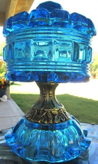 Vintage 10 " Tall Blue Brass Bohemian Czech Art Glass Faceted Candy Dish W/lid