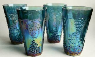 4 Vintage Indiana Blue Carnival Glass Iridescent Harvest Grape 5 3/4 " Tumblers