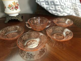 Pink Depression Glass Sharon Cabbage Rose Cream Soup Bowl & 4 Small Bowls