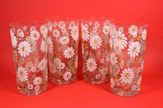 Culver Set Of 4 Vintage White Enamel Daisy 5.  5 " Tall Drinking Glasses Retro Mcm