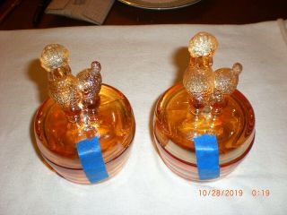 (2) Jeanette Marigold Carnival Glass Poodle Vanity Powder Candy Trinket Jar Dish