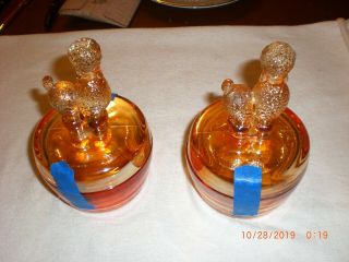 (2) JEANETTE MARIGOLD CARNIVAL GLASS POODLE VANITY POWDER CANDY TRINKET JAR DISH 2
